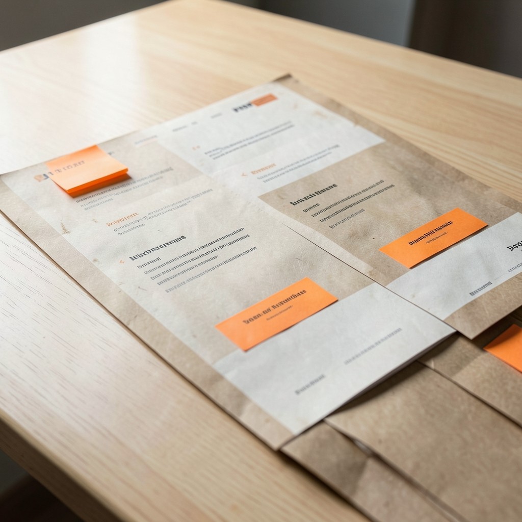Website-Layout mit hervorgehobenen Handlungsflächen auf Papier gedruckt