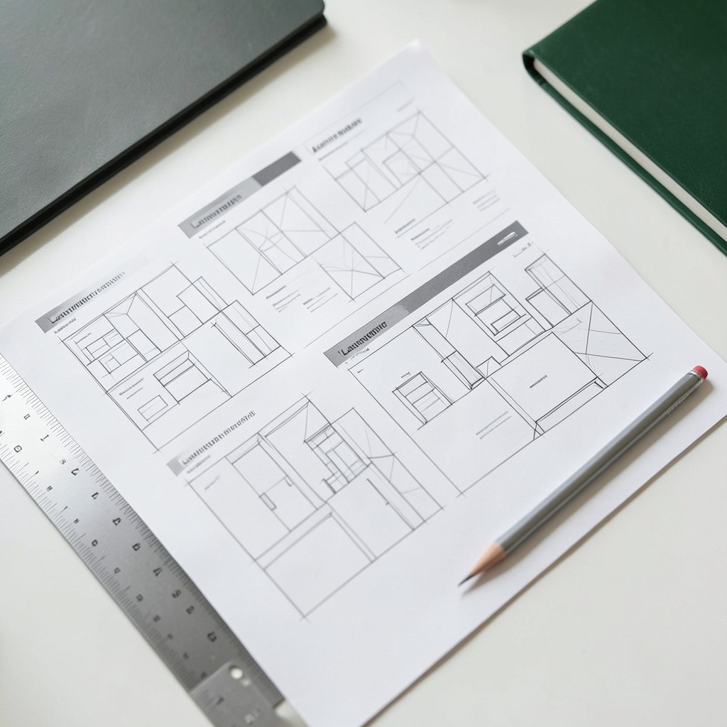 Skizzen und Wireframes einer Landingpage auf einem Schreibtisch