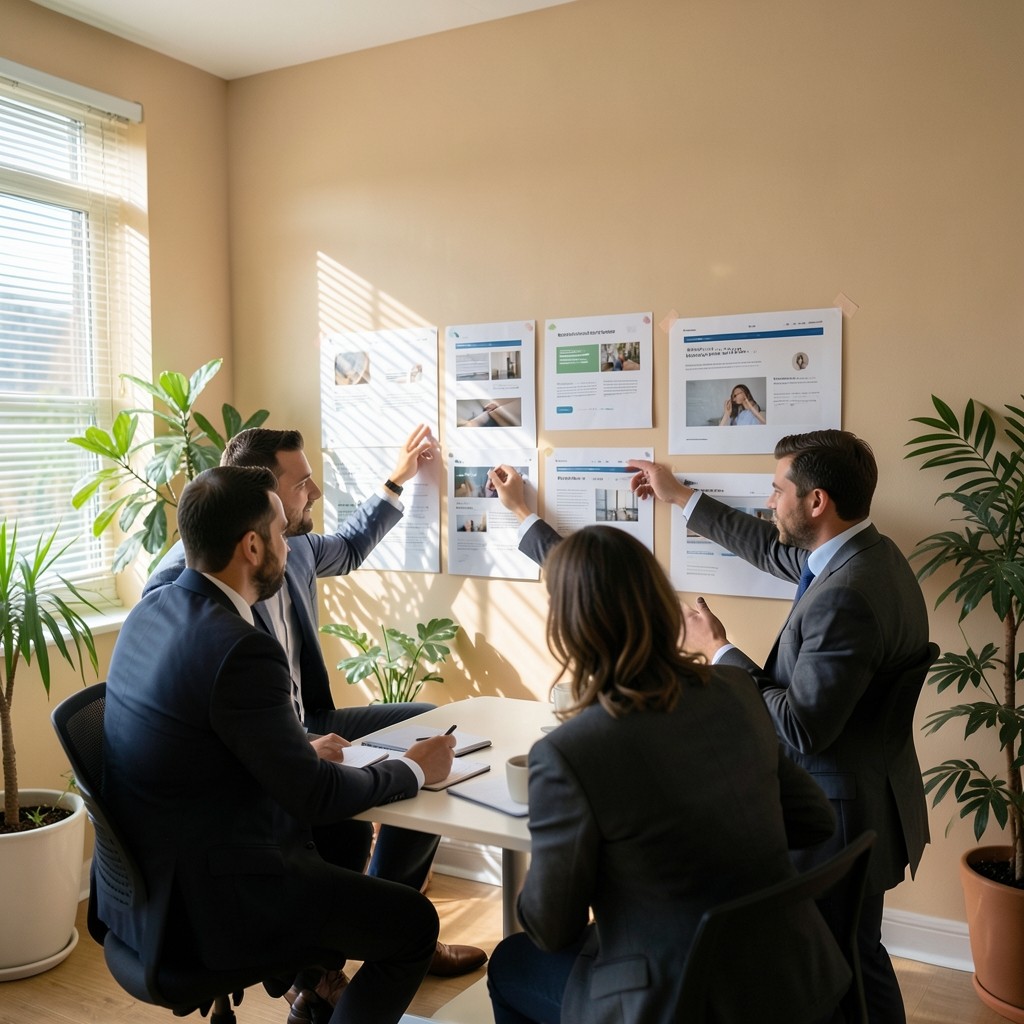 Marketingteam in einem Workshop mit Website-Ausdrucken an der Wand